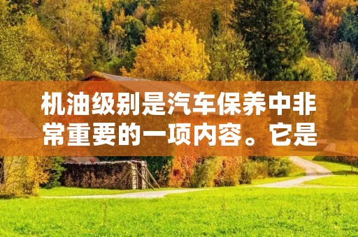 机油级别是汽车保养中非常重要的一项内容。它是指机油的性能指标和质量等级,是衡量机油性能的标准。机油级别的选择对于车辆的使用寿命和性能有着至关重要的影响,因此,正确选择机油级别是非常必要的。 机油级别是汽车保养中非常重要的一项内容。它是指机油的性能指标和质量等级,是衡量机油性能的标准。机油级别的选择对于车辆的使用寿命和性能有着至关重要的影响,因此,正确选择机油级别是非常必要的。