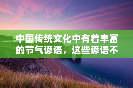 中国传统文化中有着丰富的节气谚语,这些谚语不仅蕴含着丰富的文化内涵,更是人们在生活中积累的经验和智慧。今天,我们就来一起探讨一下这些节气谚语的含义和背后的故事。 中国传统文化中有着丰富的节气谚语,这些谚语不仅蕴含着丰富的文化内涵,更是人们在生活中积累的经验和智慧。今天,我们就来一起探讨一下这些节气谚语的含义和背后的故事。