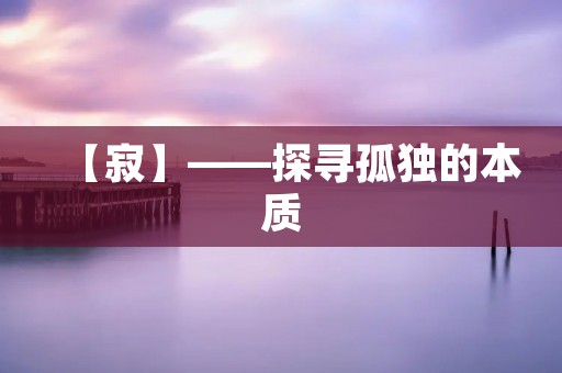 【寂】——探寻孤独的本质