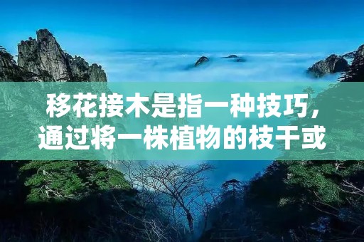 移花接木是指一种技巧,通过将一株植物的枝干或根系与另一株植物相连,使它们合二为一,从而实现植物的繁殖或改良。这项技术在园艺领域被广泛应用,可以用于培育新品种、修复植物、改善植物的生长环境等方面。