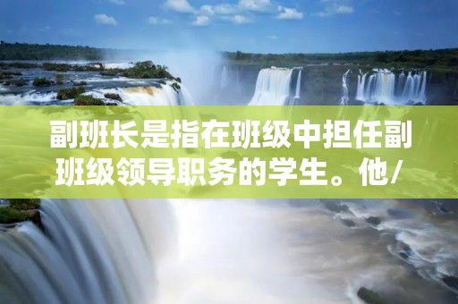 副班长是指在班级中担任副班级领导职务的学生。他/她是班级中的重要角色,承担着协助班长管理班级事务和组织班级活动的责任。副班长的身份和职责使其在班级中具有一定的权威和影响力。 副班长是指在班级中担任副班级领导职务的学生。他/她是班级中的重要角色,承担着协助班长管理班级事务和组织班级活动的责任。副班长的身份和职责使其在班级中具有一定的权威和影响力。